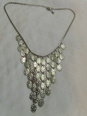 Chico's Boho-style long necklace silver color stamped & metalwork chain